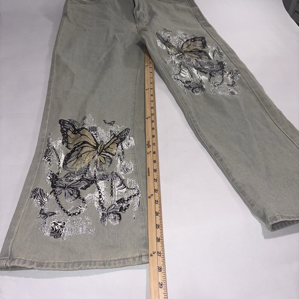 ROMWE Wide-Leg Women's Jeans Gray Denim Butterfly Embroidered 5-Pocket Y2k - Picture 2 of 7